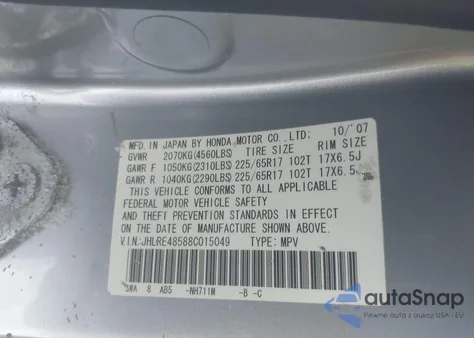 2008 Honda Cr-V Ex z USA, uszkodzony, nr VIN JHLRE48588C015049